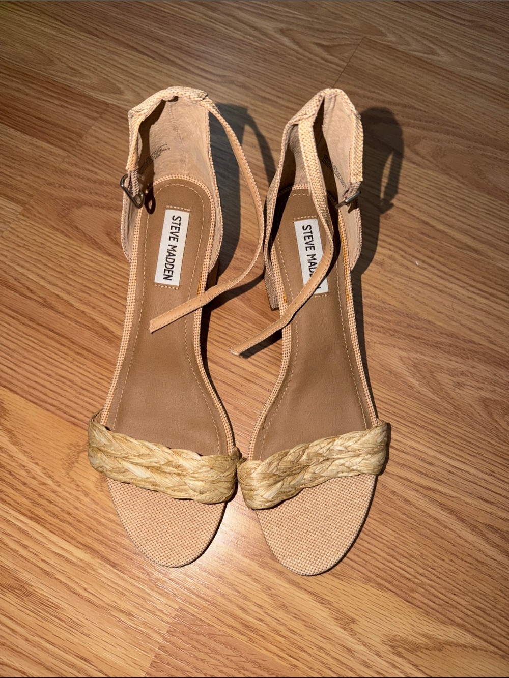 Steve Madden Tan Braided-Strap Ankle Wrap Heels